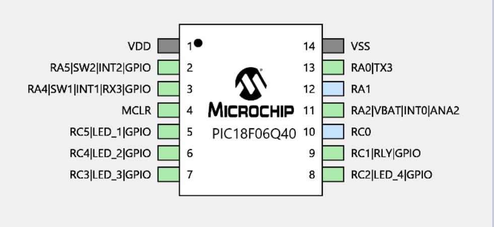 Microchip PIC18F06Q40 project pin configuration example